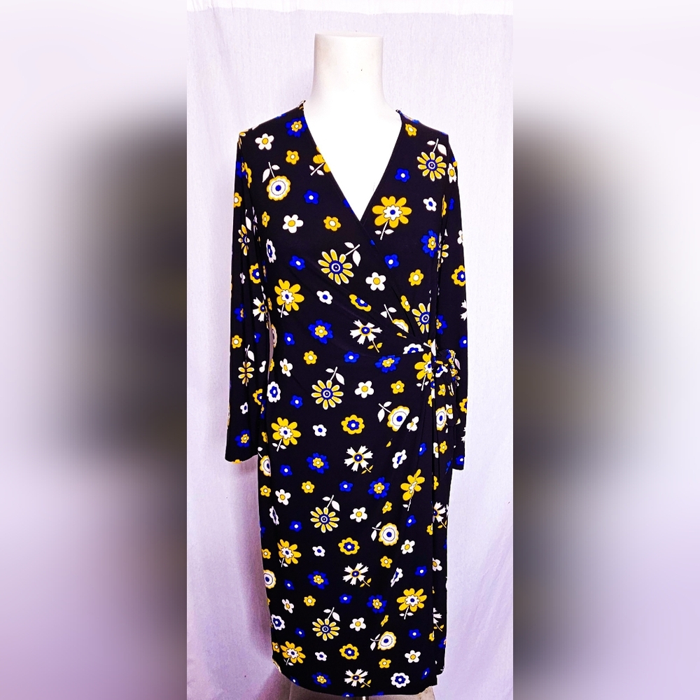 Anne Klein Mod Floral Wrap Dress Black, Blue, & Yellow Long Sleeve Size 8